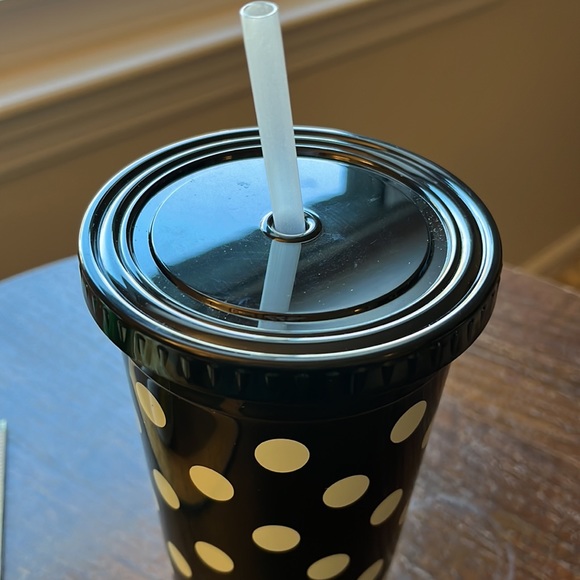 Kate Spade Cold Tumbler with straw—black with white polka dots - Picture 3 of 9